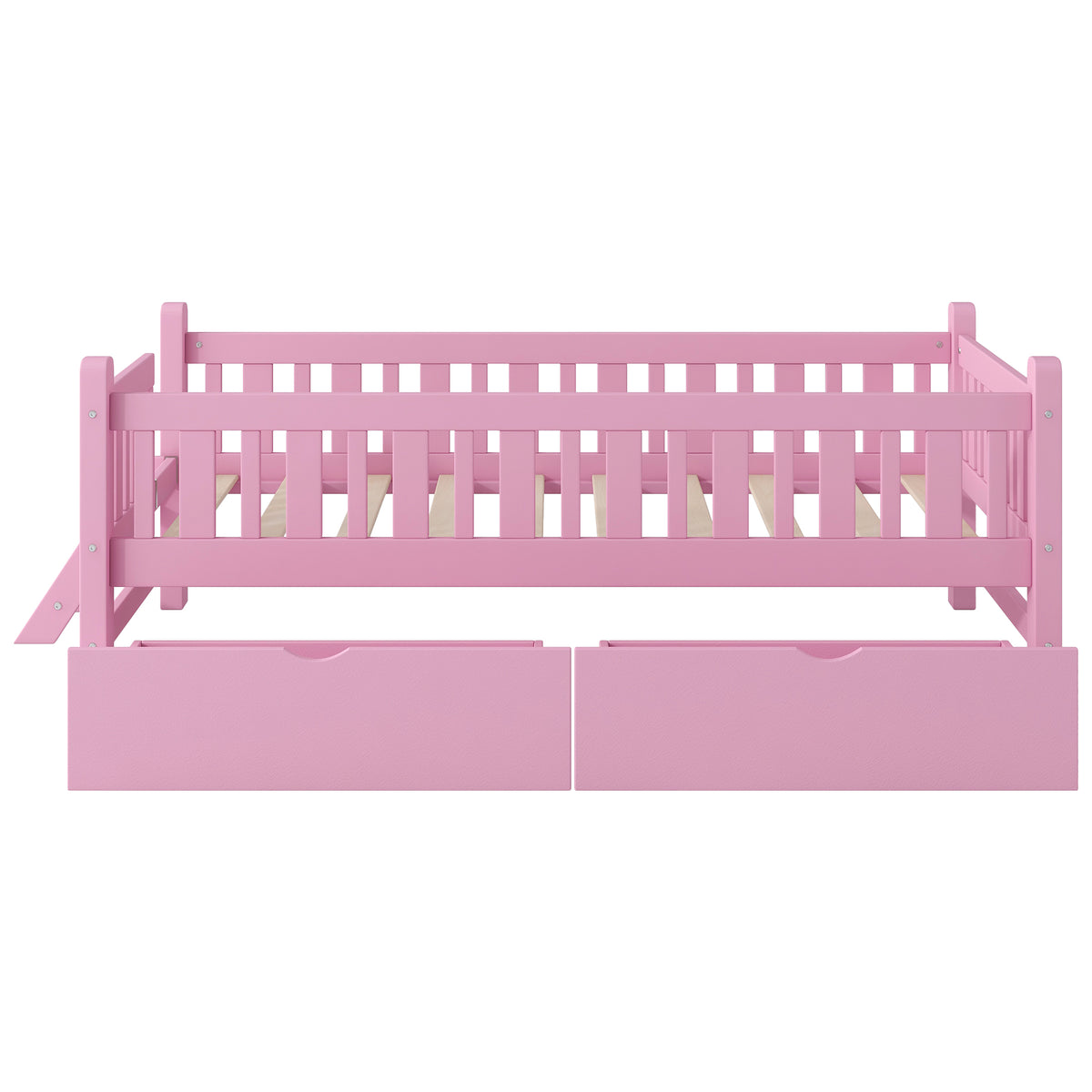 Pink Wood Twin Size Platform Bed with Guardrail and 2 Drawers, Solid Pine Wood+MDF