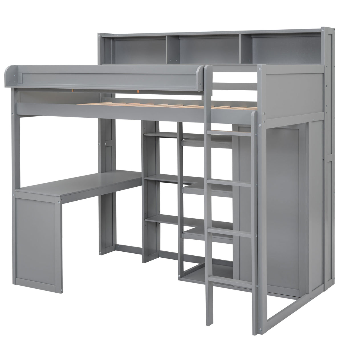Gray Wood Twin Size Loft Bed with Built-in Desk, Storage Shelves, and Wardrobe - Solid Wood + MDF