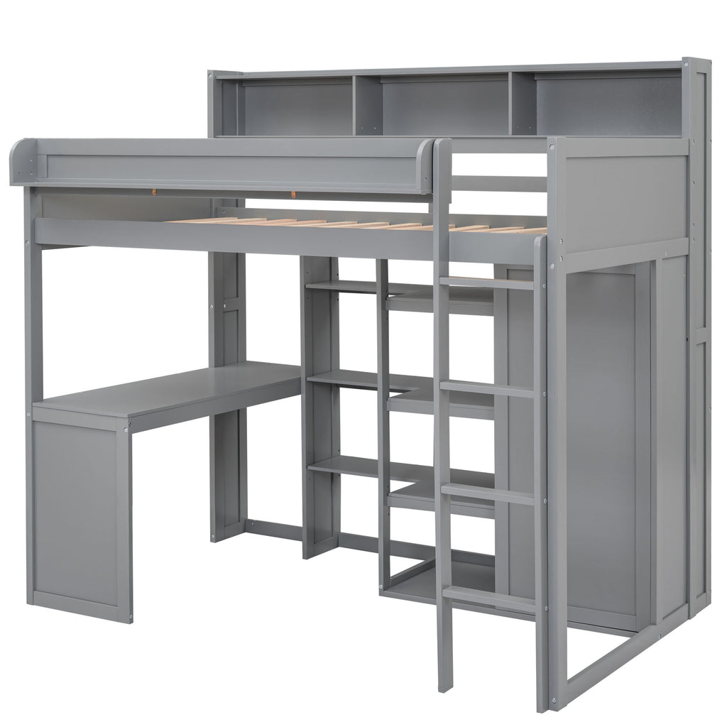 Gray Wood Twin Size Loft Bed with Built-in Desk, Storage Shelves, and Wardrobe - Solid Wood + MDF