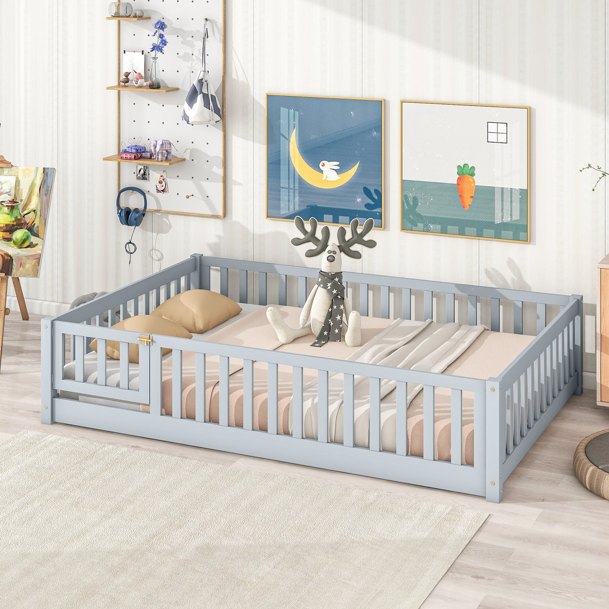 Full Size Floor Bed with Fence and Door,Rubber Wood Floor Bed with Safety Guardrails,Grey