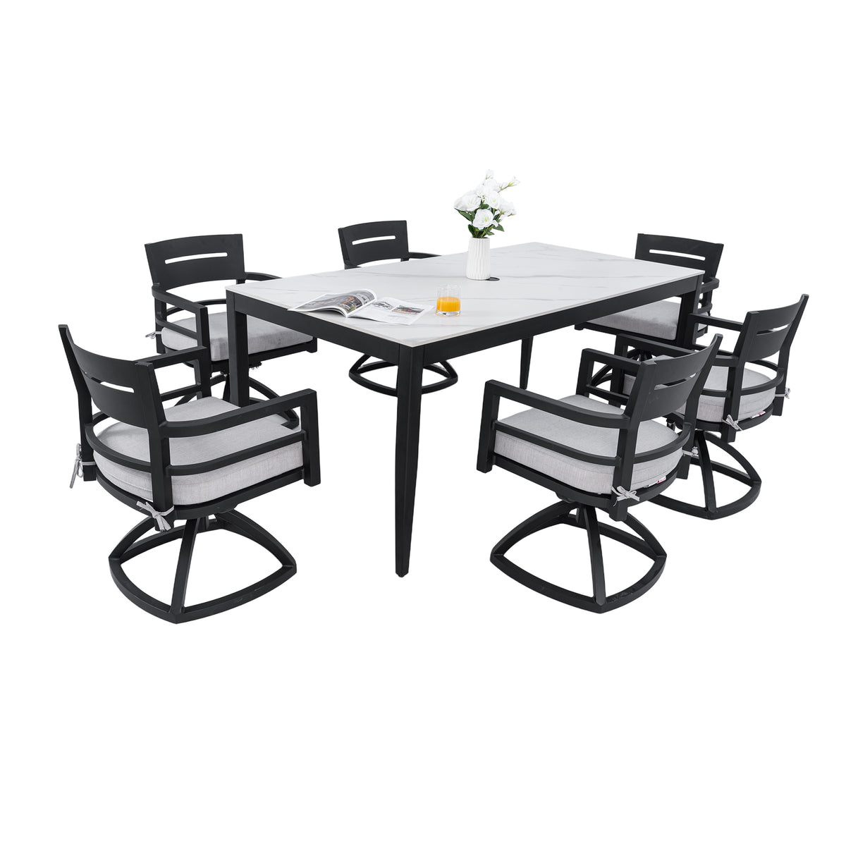 Modern Outdoor Patio Aluminum Dining Set with Marble-Inspired Table and Swivel Rockers in Ember Black with Sunbrella Cushions
