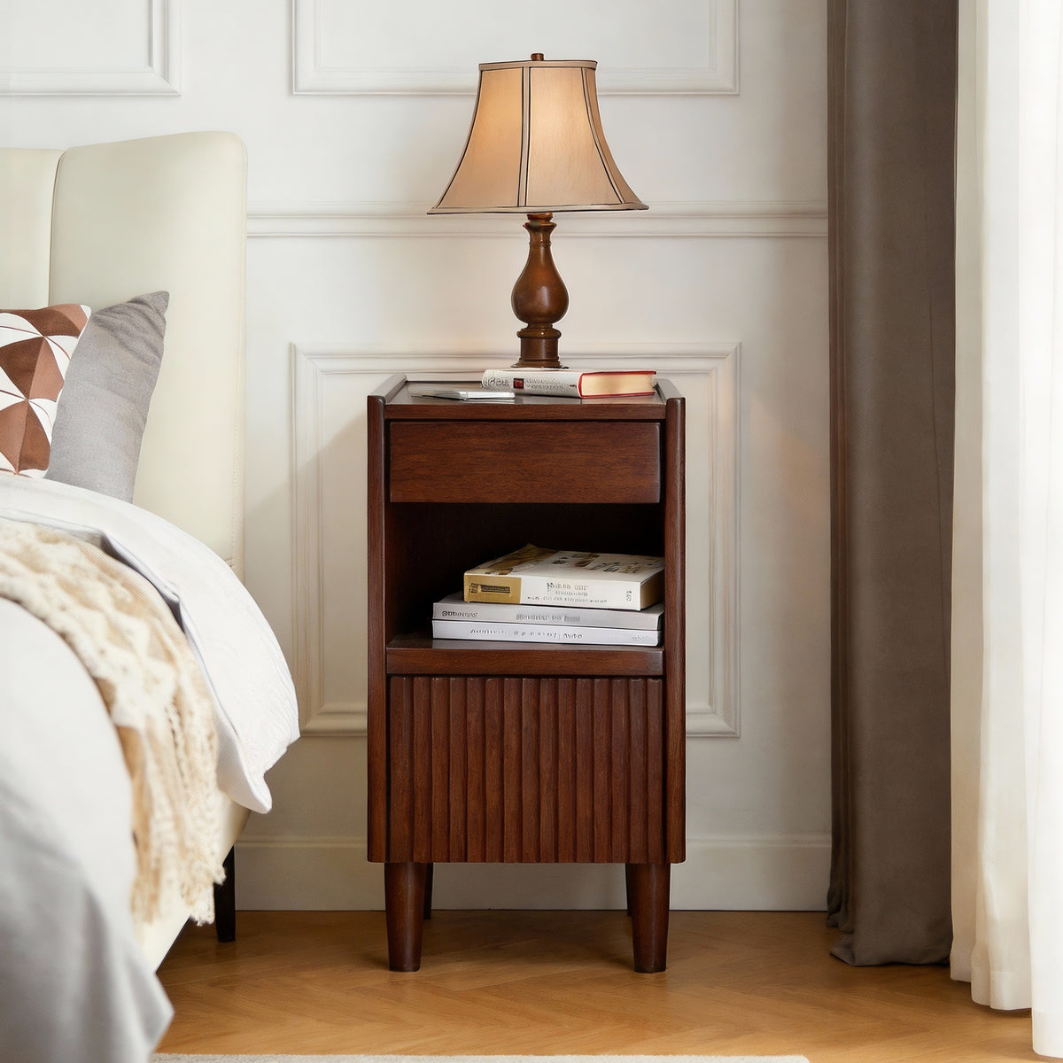 Wooden Bedside Table  with 1 Drawer Open Shelves, Wood Board Side Tables Storage Small Narrow Desk Chest of Drawer, Lamp Stand Nightstand Cabinet, Bedroom Living Room Home Furniture