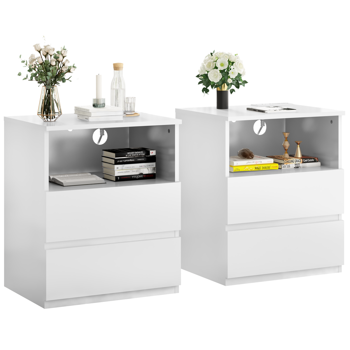 (Set of 2)End Table with Fast USB C Charging Station, Sofa Side Table with 2 Drawers, Large Storage Modern Wood Storage Cabinet for Living Room,Bedroom,Office, White