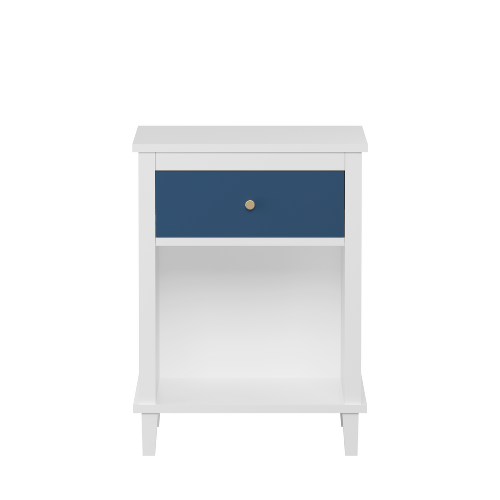 Navy+Golden Handle Wooden Nightstand with One Drawer One Shelf for Kids and Adults, White+Navy Finish, MDF Material, 26.77''H
