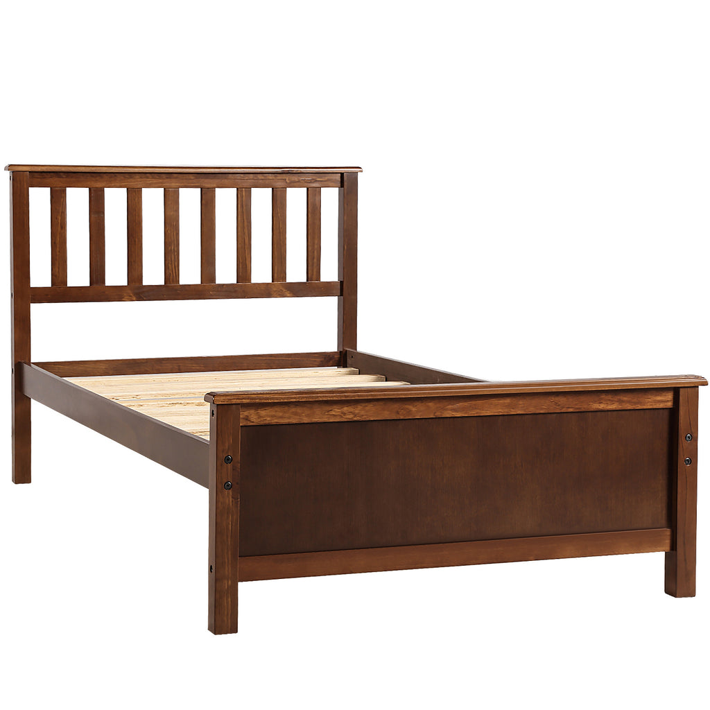 Twin Size Wood Platform Bed with Headboard, Footboard, and Wood Slat Support in Walnut Finish