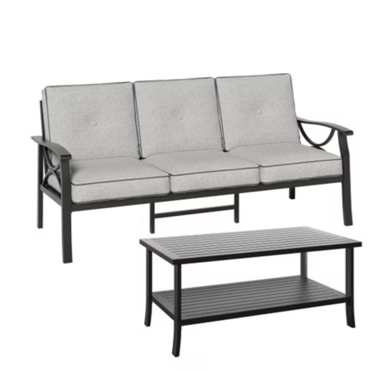 Modern 2-Piece Outdoor Patio Set with 70' 3-Seat Metal Sofa and Rectangular Coffee Table in Black Frame with Gray Cushions