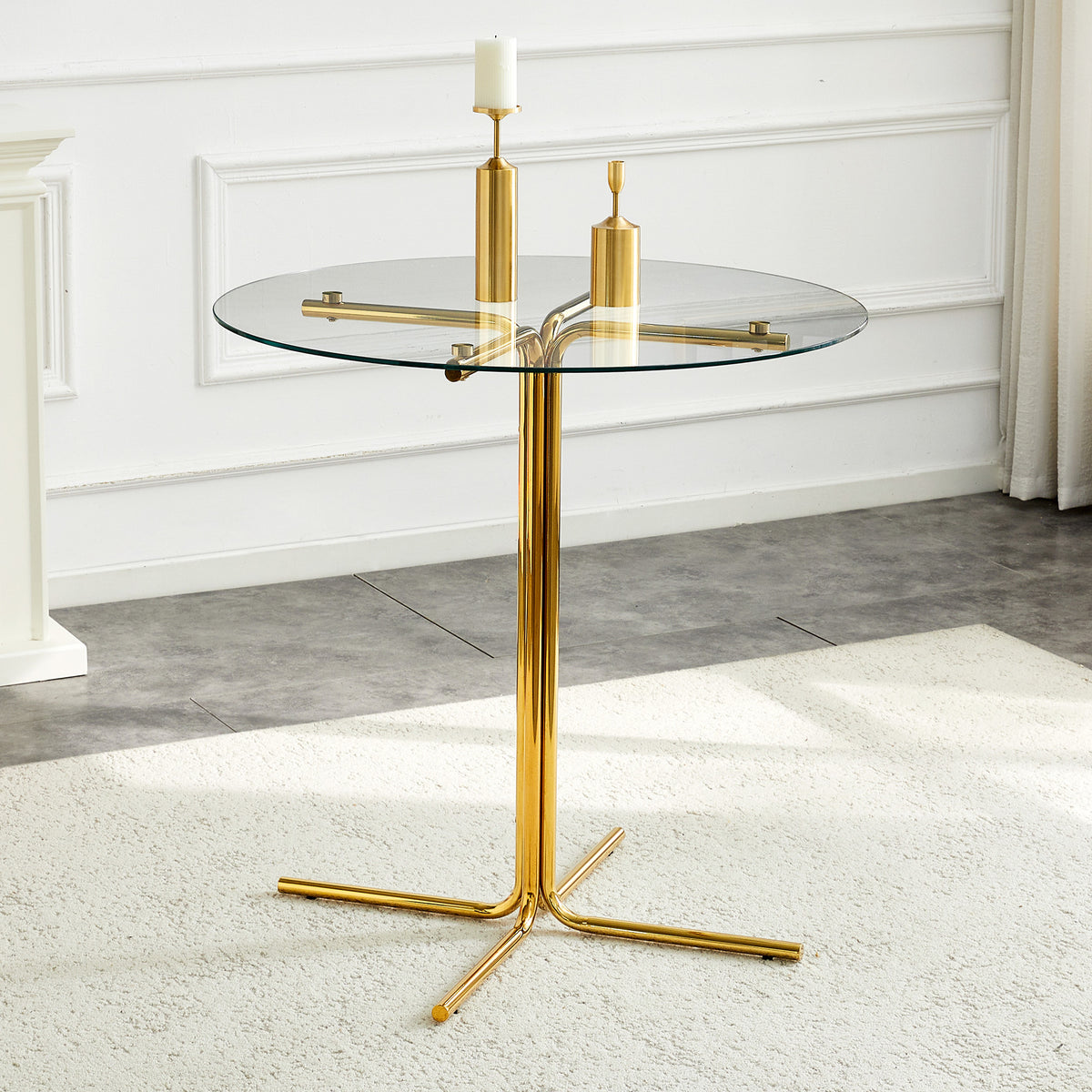 Round glass bar high table, 36 inch round bar table, tempered glass tabletop, sturdy gold chrome plated four column support, suitable for transparent round bar tables in small spaces, kitchens