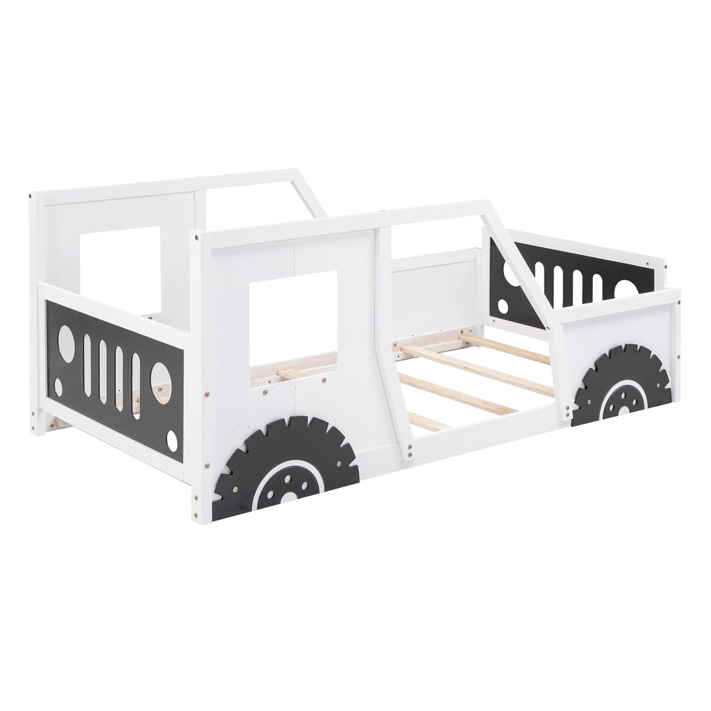Classic Car-Shaped Twin Platform Bed with Wheels in White, Pine Wood and MDF Construction