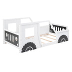Classic Car-Shaped Twin Platform Bed with Wheels in White, Pine Wood and MDF Construction