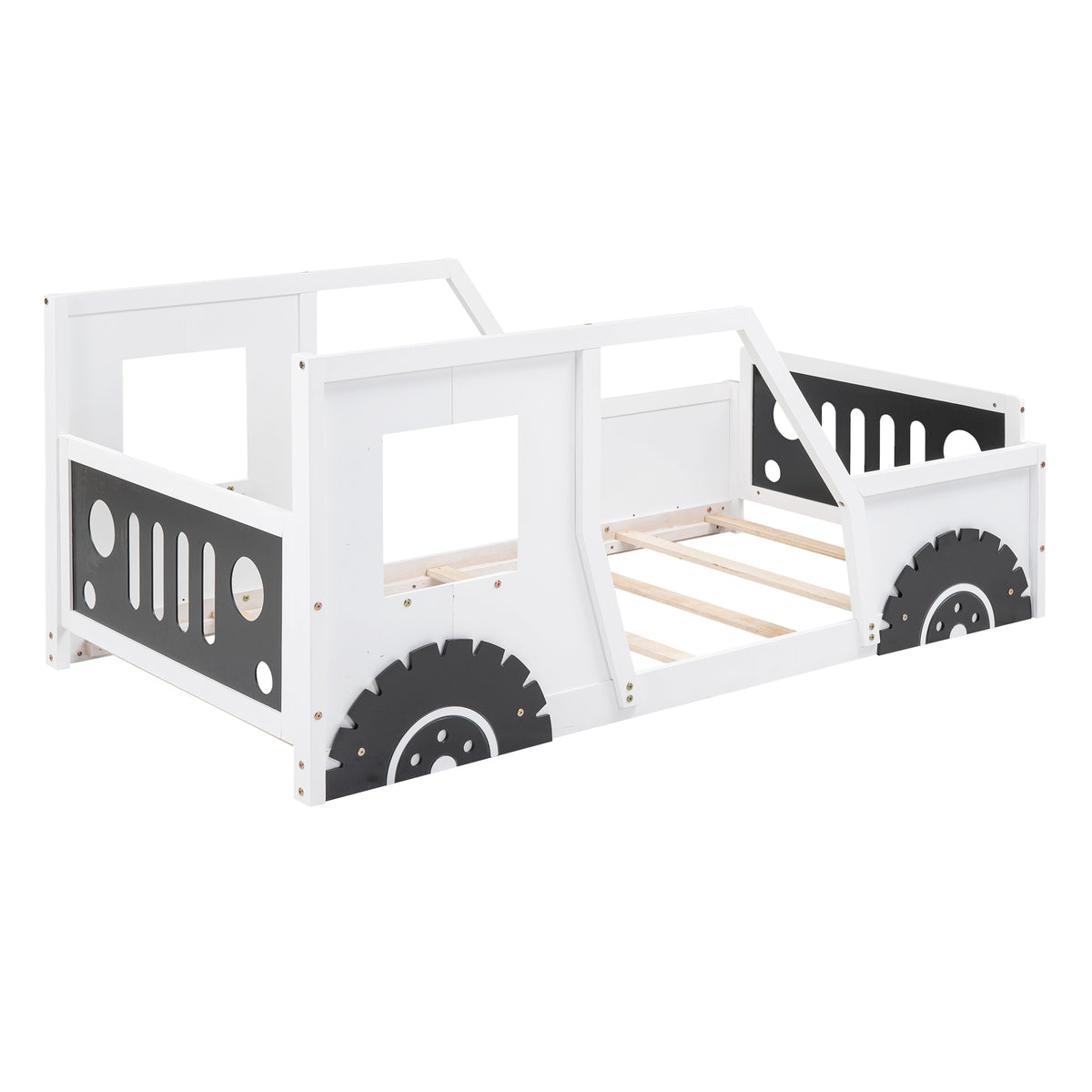 Classic Car-Shaped Twin Platform Bed with Wheels in White, Pine Wood and MDF Construction