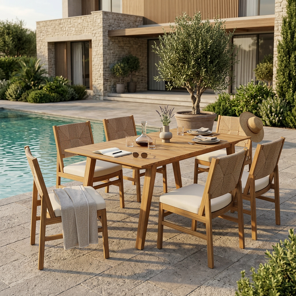 Outdoor 7 Pieces Acacia Wood Dining Set with Taiga 69 Table and Teak Finish,Cream Cushion,Light Brown Wicker Chairs