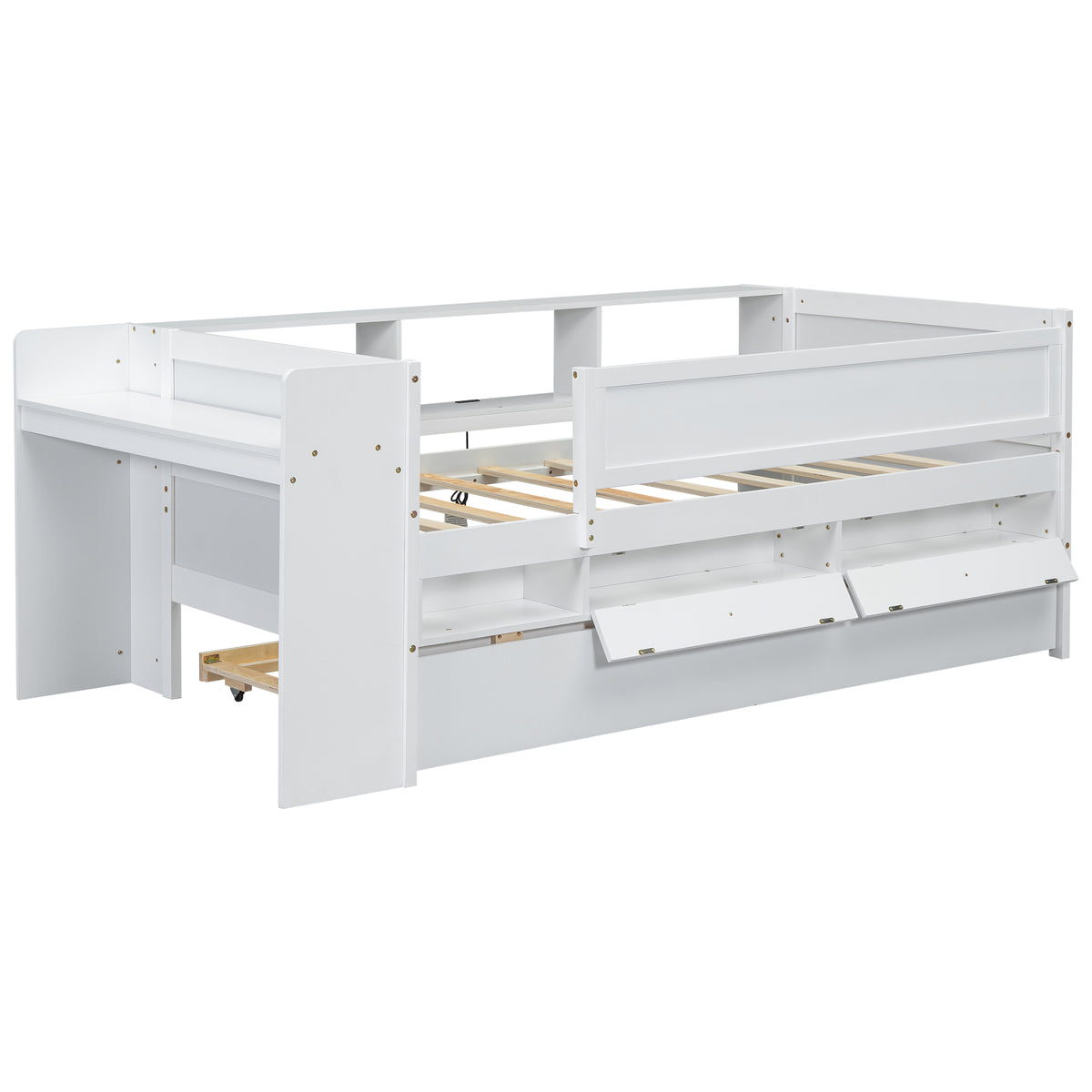 White Multi-Functional Twin Daybed with Drawers, Trundle, Headboard Storage, Study Desk, and USB Charging Station - Solid Pine and MDF