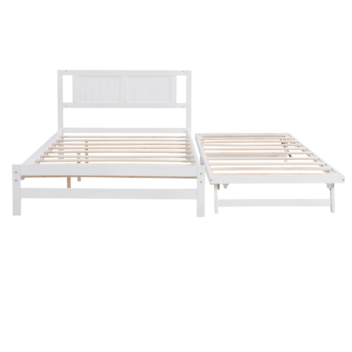 White Solid Pine Platform Bed with Adjustable Trundle, Full Size with Twin Trundle, Wood Frame, 78L x 97.6W x 39.4H inches