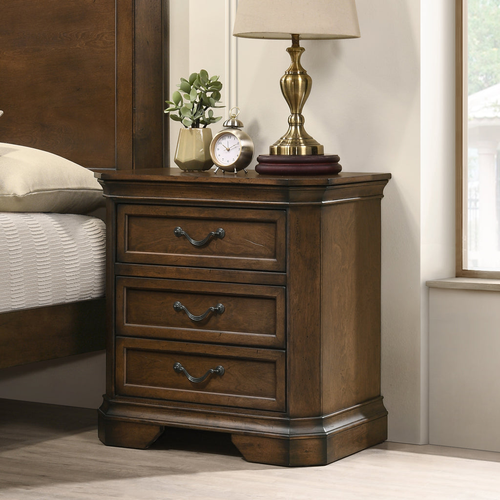 Maderne Traditional Wood 3-Drawer Nightstand, Antique Walnut/Brown