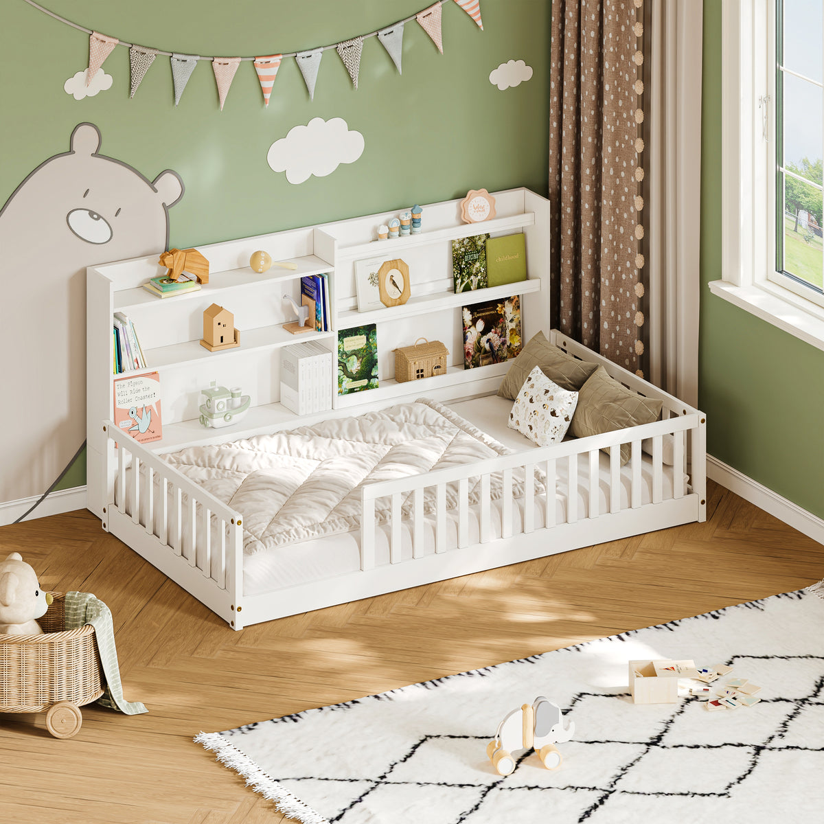 Twin Montessori Floor Bed with Bookshelf & Safety Rails, White,Solid pine wood kids bed with integrated bookshelf, low-to-ground Montessori design, safety fence rails and wide entrance.