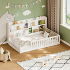 Twin Montessori Floor Bed with Bookshelf & Safety Rails, White,Solid pine wood kids bed with integrated bookshelf, low-to-ground Montessori design, safety fence rails and wide entrance.