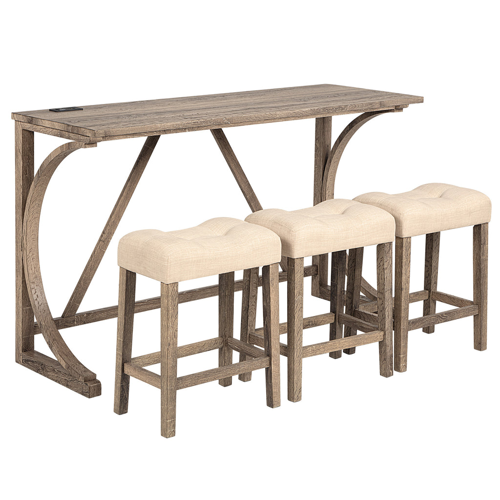 4-Piece Bar Table Set with Power Outlet, Dining Bar Table and Chairs Set, Bar Table Set with 3 Padded Stools for Living Room, Dining Room, Game Room, Brown