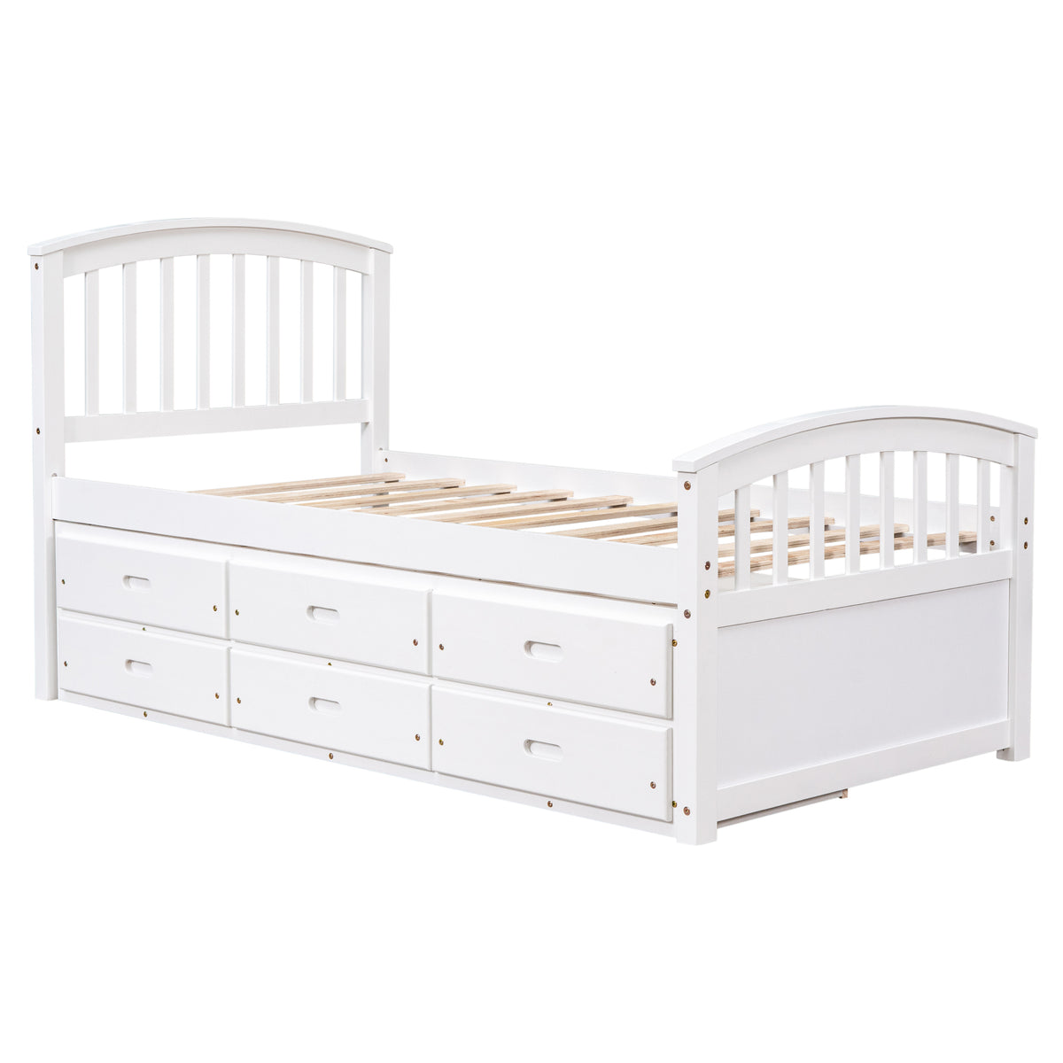 White Solid Wood Twin Size Platform Storage Bed with 6 Drawers