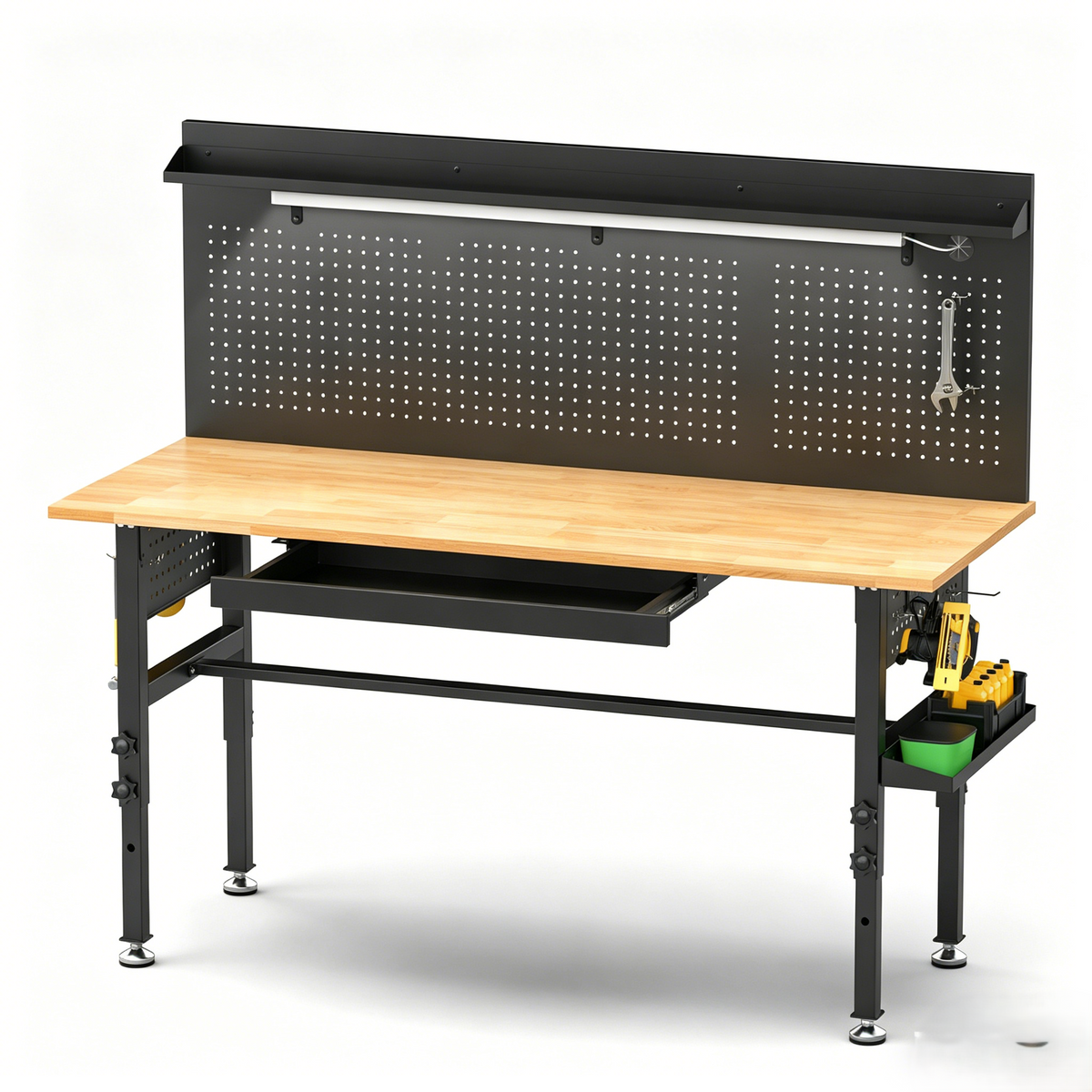 60' Adjustable Height Workbench with Solid Wood Top, Black Metal & Wood Construction, 2000 lbs Capacity, Includes Drawers, Power Outlet, LED Light, Wheels or Leveling Feet