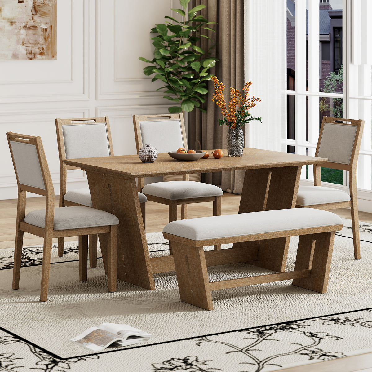 TREXM 6-Piece Retro Dining Table Set for 6, 60' Wood Kitchen Table and Chairs Set of 4 with Bench Designed Trestle Base for kitchen & Dining Room (Natural Wood Wash)
