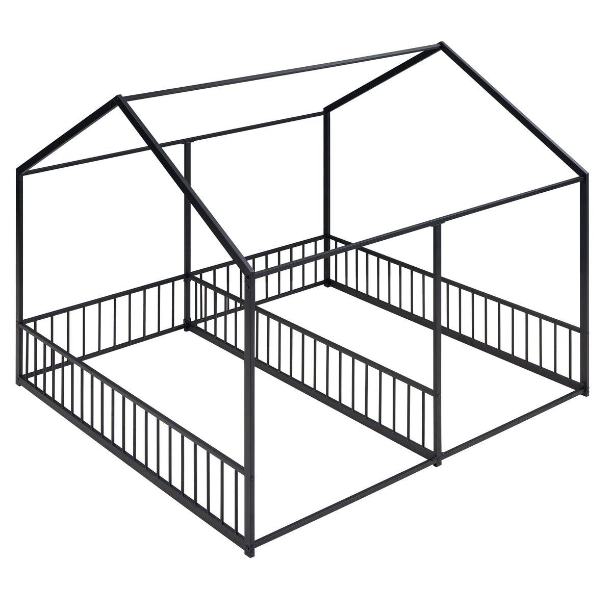 Metal Twin Size House Platform Beds, Two Shared Beds, Black, Metal Frame with Guardrails, Twin-Twin Design