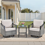 3-Piece Outdoor Conversation Set with Swivel Rocking Chairs and Glass-Top Side Table, Gray Wicker Patio Furniture with Beige Cushions Porch or Backyard