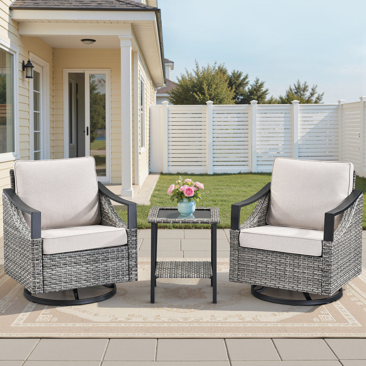 3-Piece Outdoor Conversation Set with Swivel Rocking Chairs and Glass-Top Side Table, Gray Wicker Patio Furniture with Beige Cushions Porch or Backyard