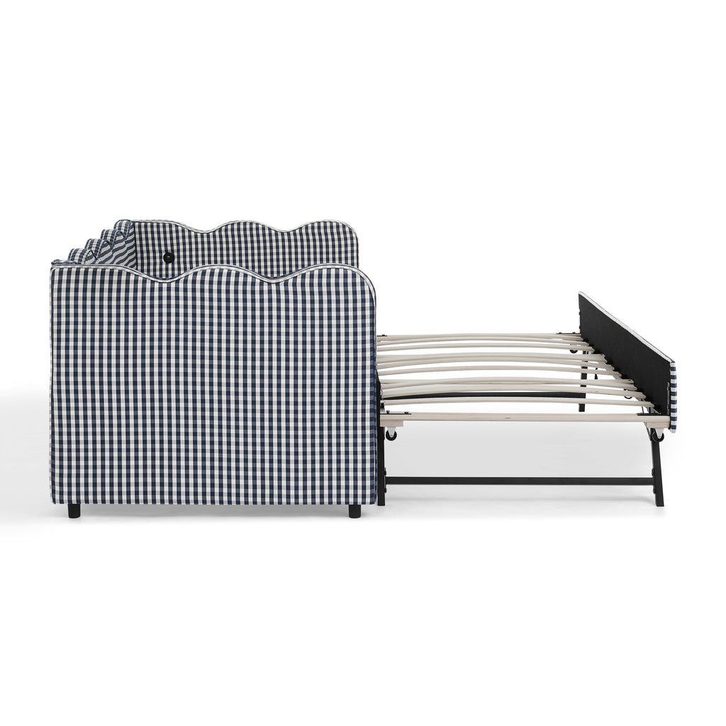 Cozy Gingham Daybed with Trundle Twin Size Sofa Bed No Box Spring Needed, USB Port, Wave Shaped Design, Navy Linen Fabric