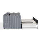 Cozy Gingham Daybed with Trundle Twin Size Sofa Bed No Box Spring Needed, USB Port, Wave Shaped Design, Navy Linen Fabric