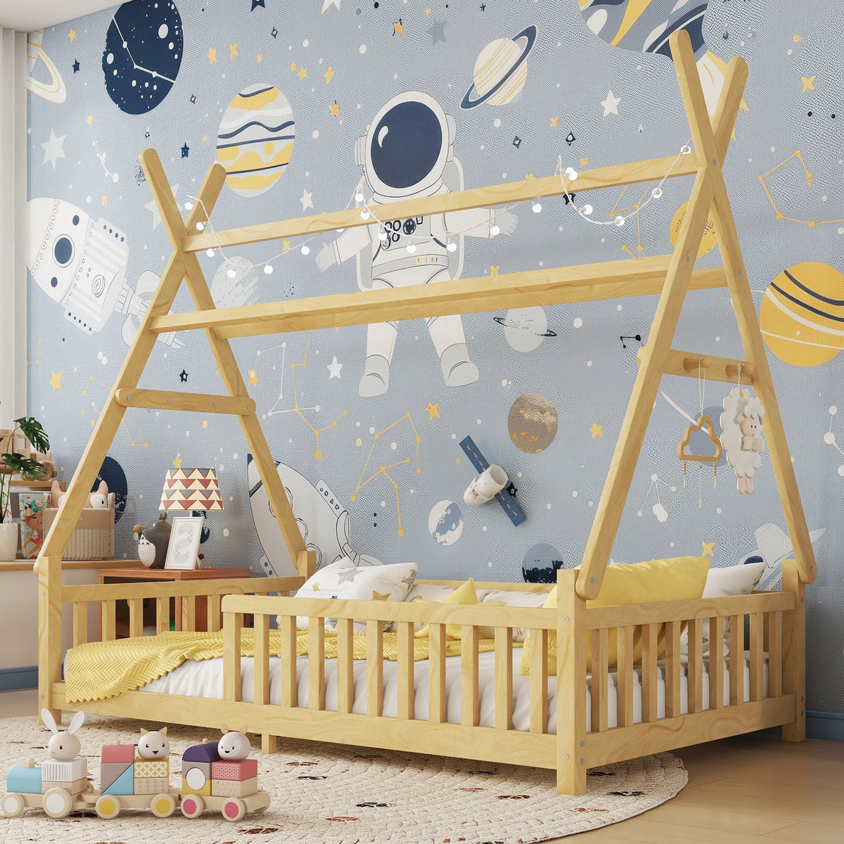 Twin House Bed with Light, Low Floor House Bed with Fence and Roof for Kids Boys Girls,Natural(Expect arrive date 2026/4/2   Old SKU W2593P296911)