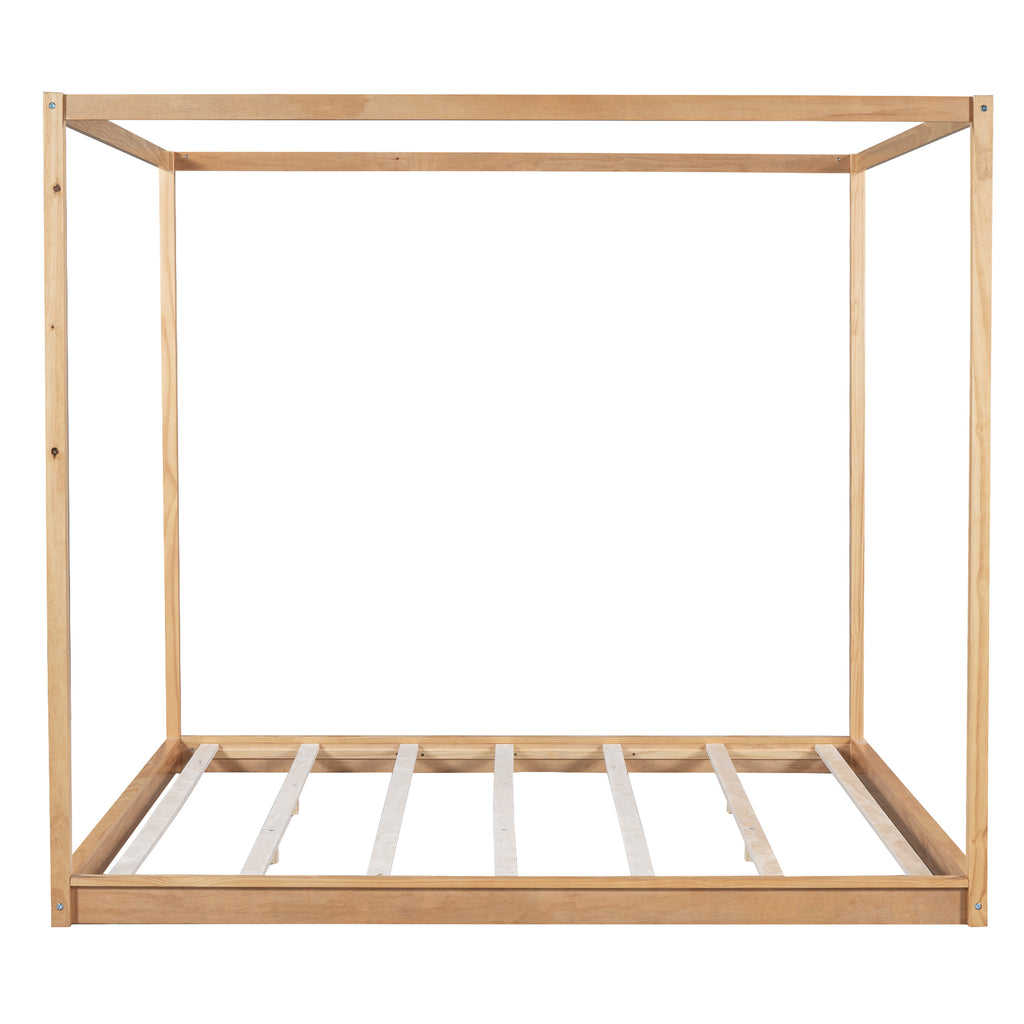King Size Canopy Platform Bed with Support Legs in Natural Pine Wood and MDF, 80.3''x76.2''