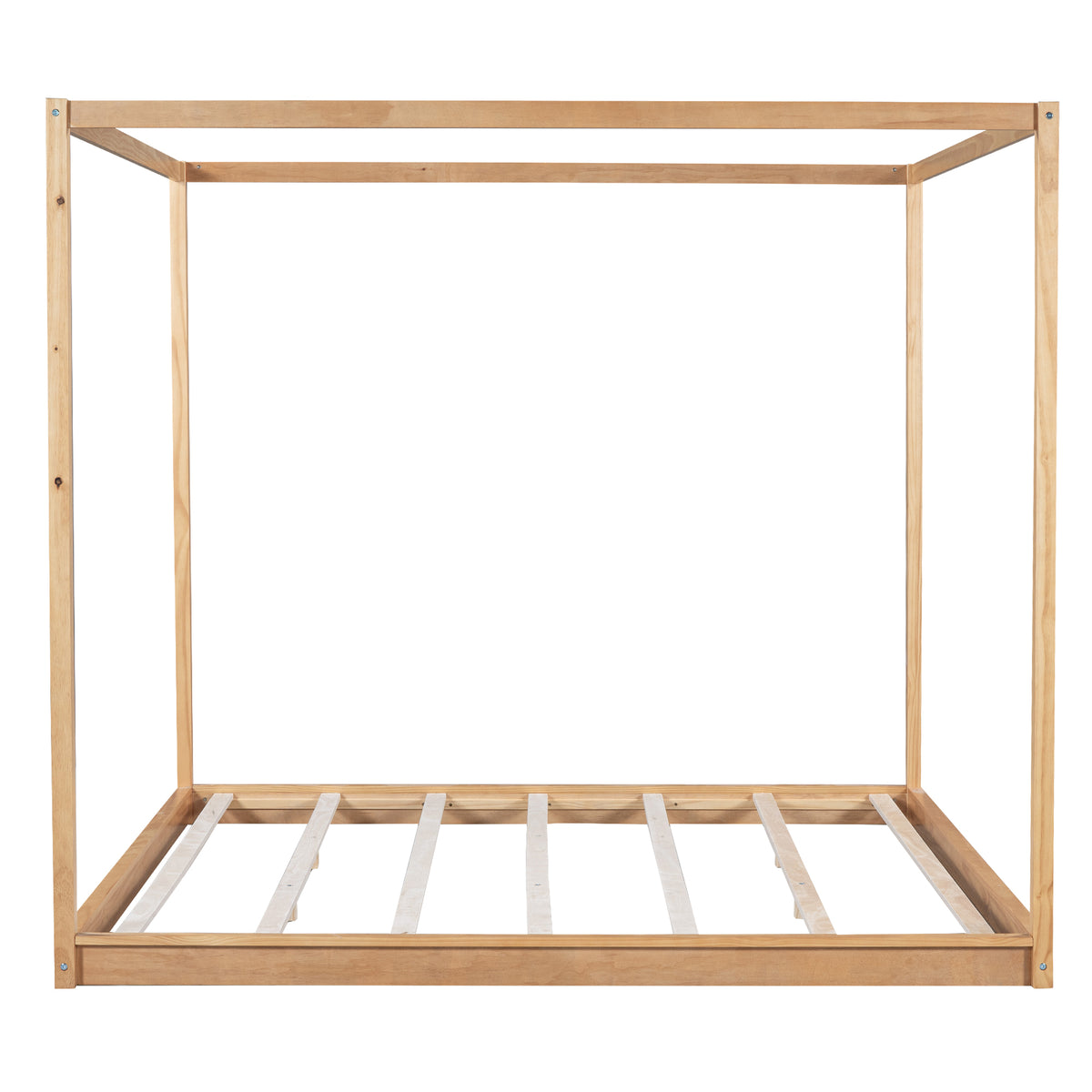 King Size Canopy Platform Bed with Support Legs in Natural Pine Wood and MDF, 80.3''x76.2''