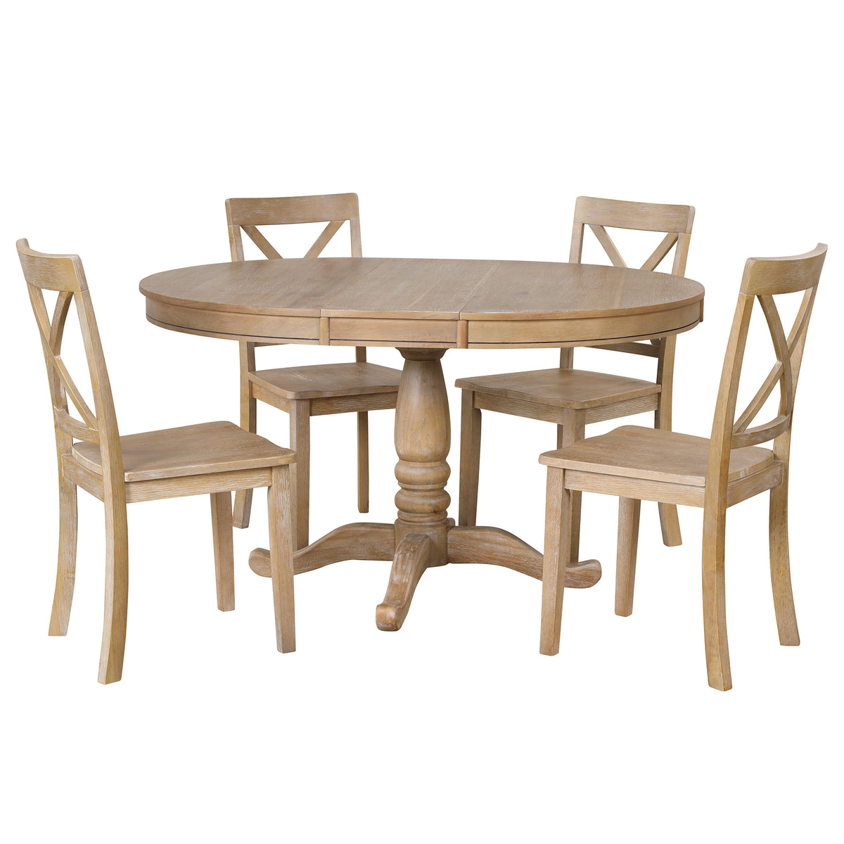 Modern Natural Wood Wash Dining Table Set for 4 with Round Table and Chairs, Solid Wood and MDF
