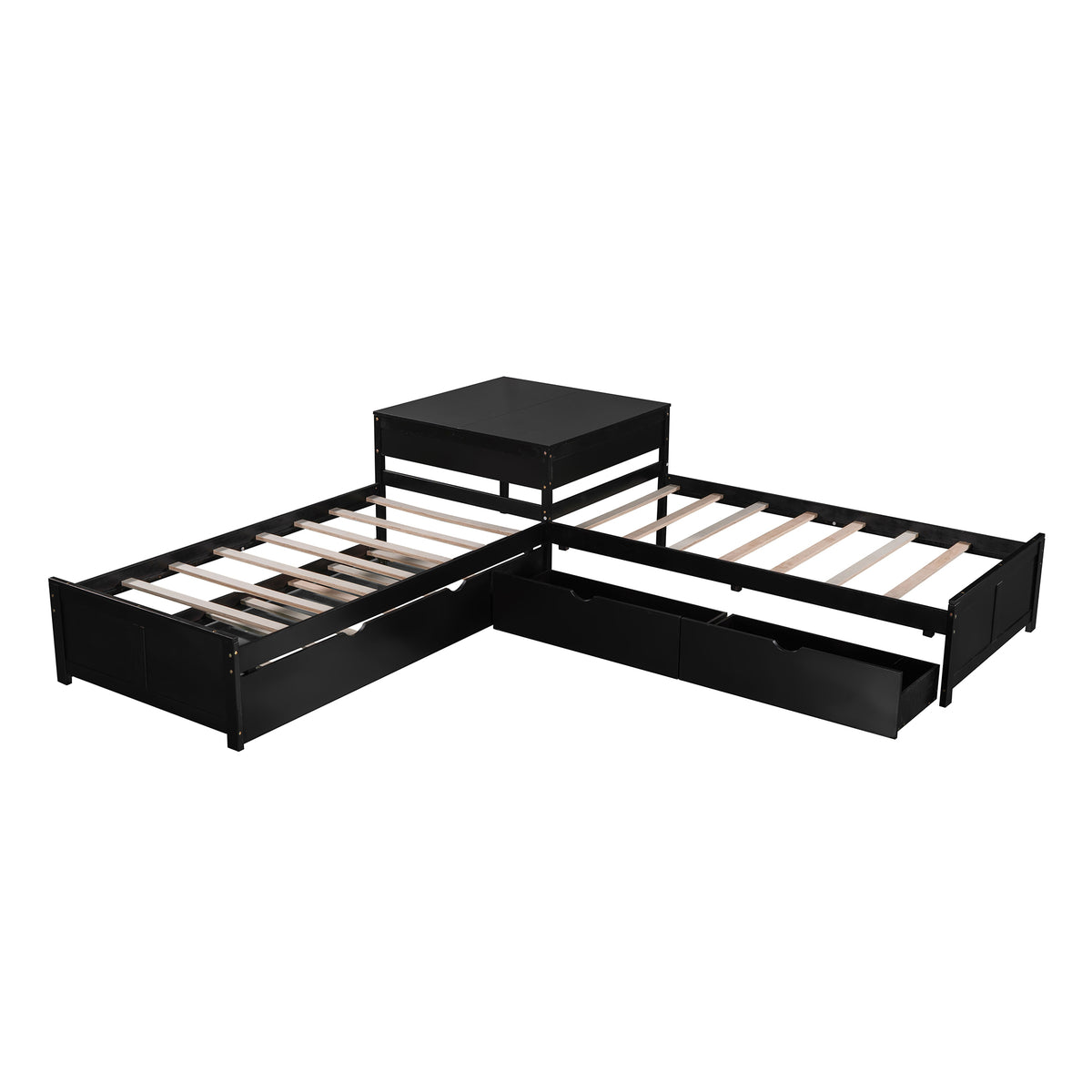 L-shaped Platform Bed with Trundle and Drawers Linked with Built-in Desk, Twin, Espresso, Pine Wood, 119.6''L x 119.6''W x 30''H