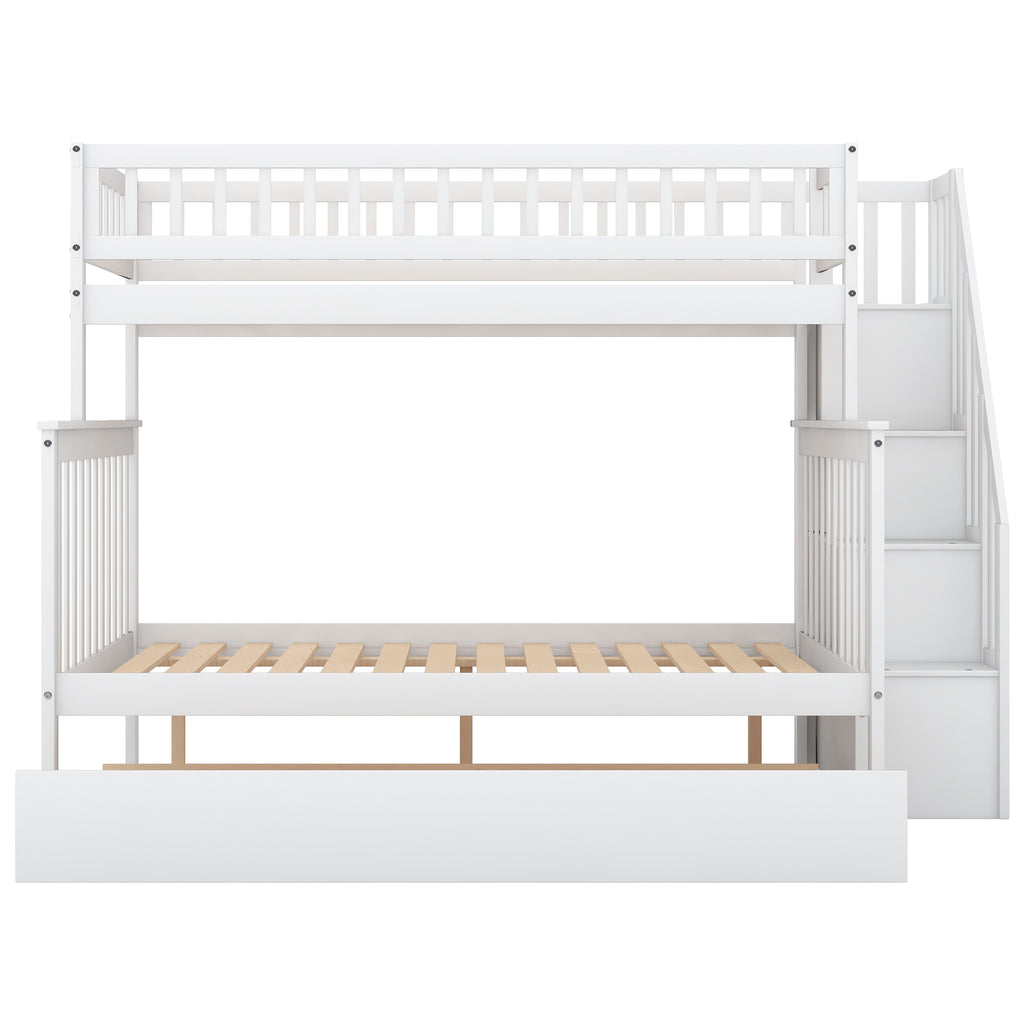 Spacey Twin over Full Bunk Bed with Trundle and Staircase, White