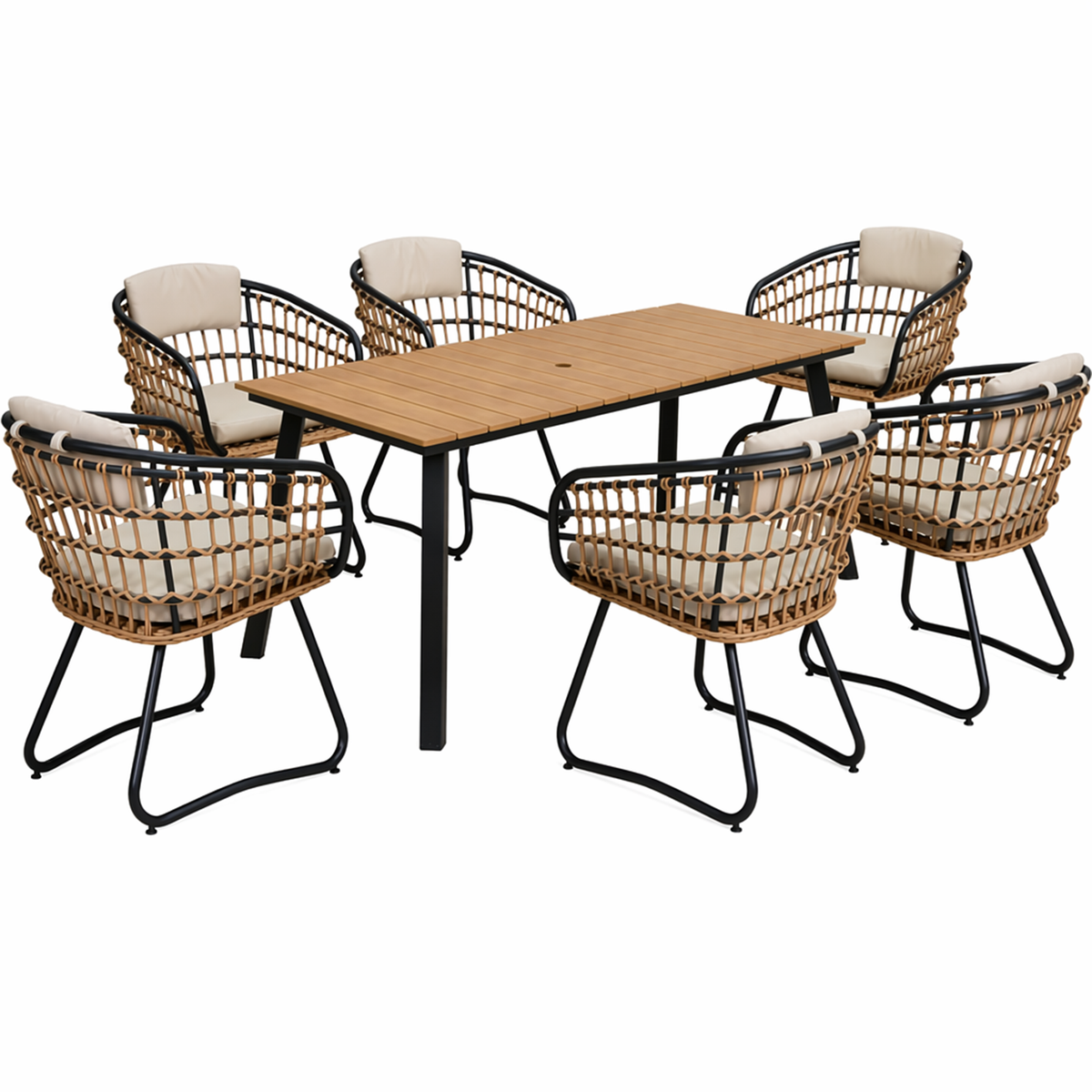 7-Piece Outdoor Patio Dining Set for 6, Modern Scandinavian All-Weather Wicker Chairs with Cushions and Wood-Plastic Composite Table, Patio Furniture for Backyard, Garden