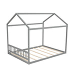 Gray Queen Size Wooden House Bed with Headboard, Pine Wood and MDF, 82.7''L x 63''W x 70.9''H