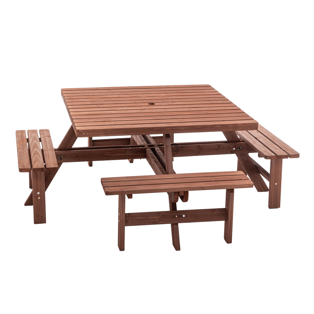 8-Person Square Picnic Table with Umbrella Hole Waterproof & Sturdy Cross Structure Outdoor Dining Set for Backyard Garden Camping Easy Clean