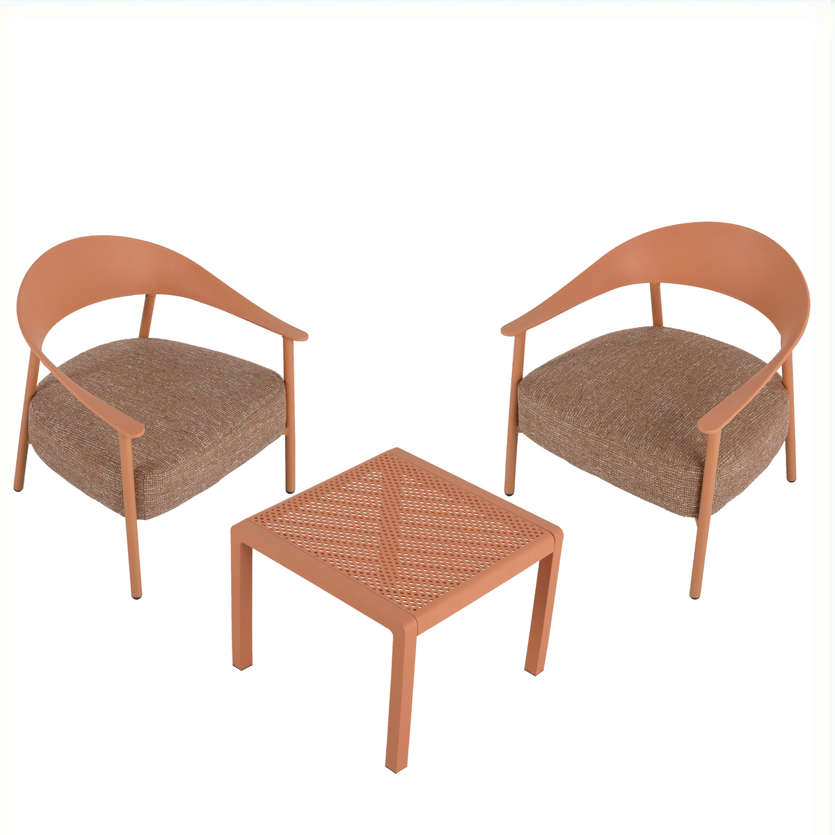 Furniture set with seat cushions, sturdy and durable, in apricot brown. Dimensions: 29.13*25*29.53 (in)/19.69*19.69*14.96 (in). Chair body made of plywood, powder-coated metal legs, and PP table.