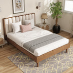 Queen Size Wood Bed with Piano Key Style Upholstered Headboard , Wood Bed with Strengthened Bed Frame ,Wheat (old sku:W504S00257)