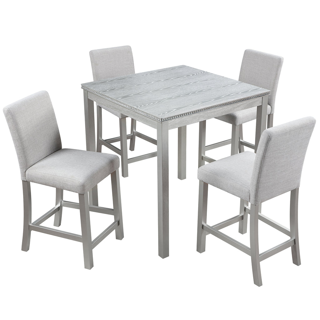 5 Piece Counter Height Table Set, Wooden Kitchen Table Set with Square Table and 4 Upholstered Chairs, Counter Height Dining Table with Crystal Decoration and Chair Set, Silver Grey
