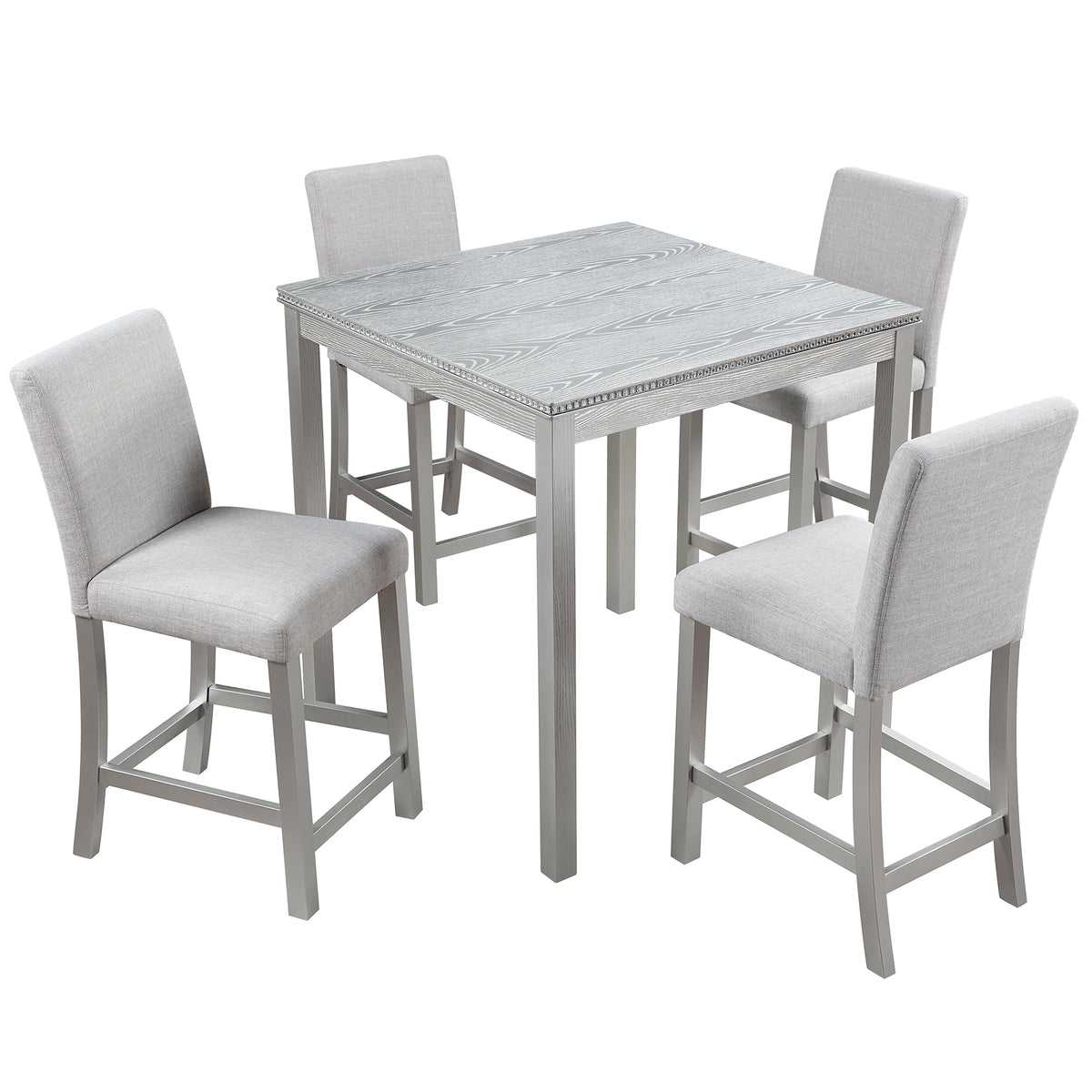 5 Piece Counter Height Table Set, Wooden Kitchen Table Set with Square Table and 4 Upholstered Chairs, Counter Height Dining Table with Crystal Decoration and Chair Set, Silver Grey