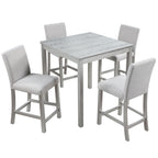 5 Piece Counter Height Table Set, Wooden Kitchen Table Set with Square Table and 4 Upholstered Chairs, Counter Height Dining Table with Crystal Decoration and Chair Set, Silver Grey