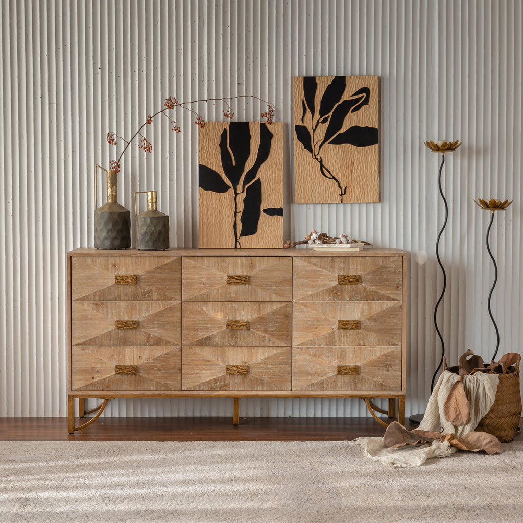 59.44' Light Wood Sideboard Buffet - 3-Drawer + 2-Door Storage Cabinet with Geometric Relief Fronts, Gold Metal Legs for Living Room/Dining Room