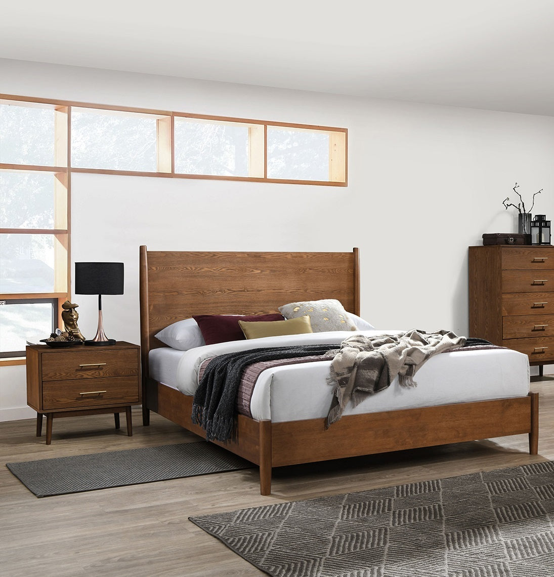 Walnut Color Panel Headboard 3pc Bedroom Set Eastern King Size Bed 2x Nightstands Wooden Mid-Century Modern Style