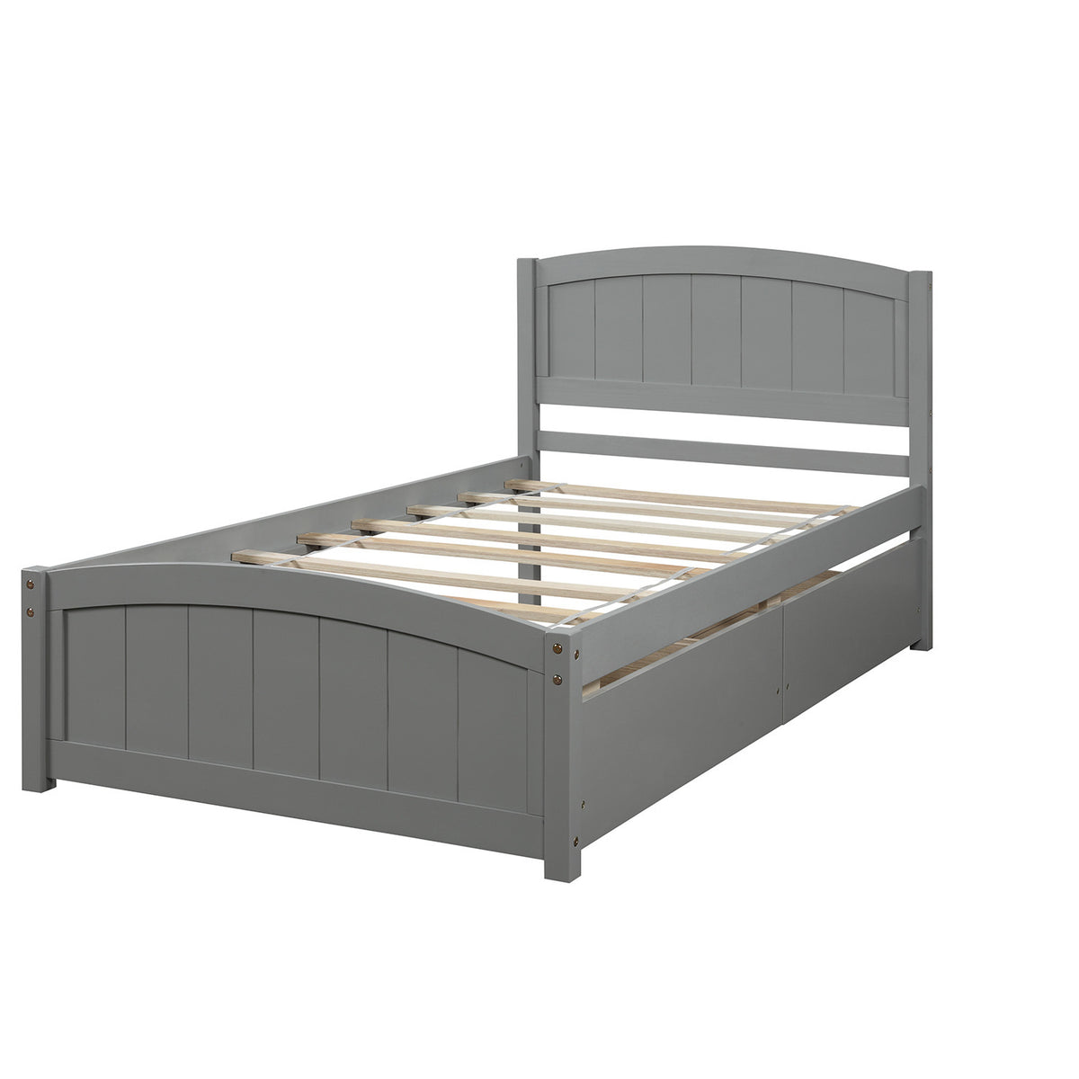 Minimalistic Twin Size Platform Bed with Two Drawers, Gray, Solid Pine Wood