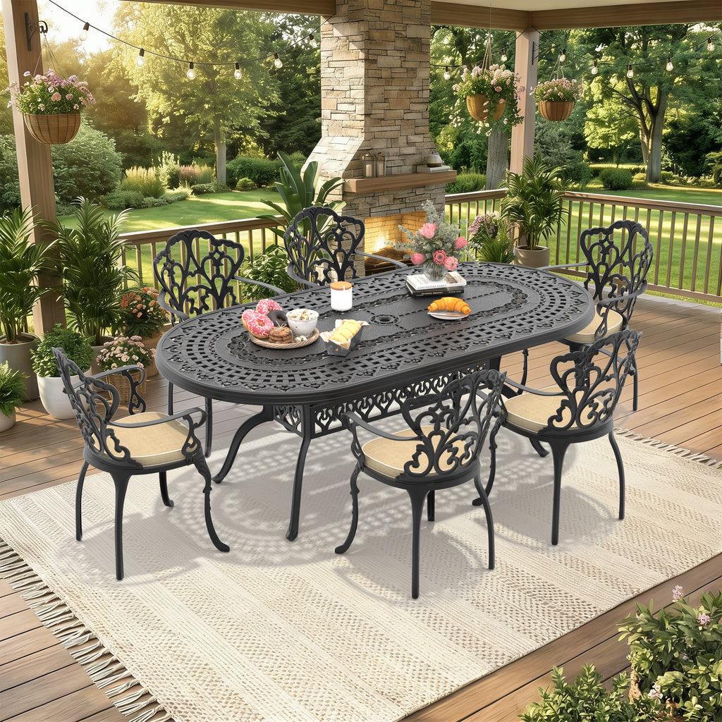 7-Piece Set Of Cast Aluminum Patio Furniture With Black Frame and Off-white Seat Cushions(same as:W1710S00107, W1710S00597 ,W1710S00406)