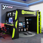 Full Size Wood Loft Bed with Desk, Multi-storage Shelves and RGB Light, Green