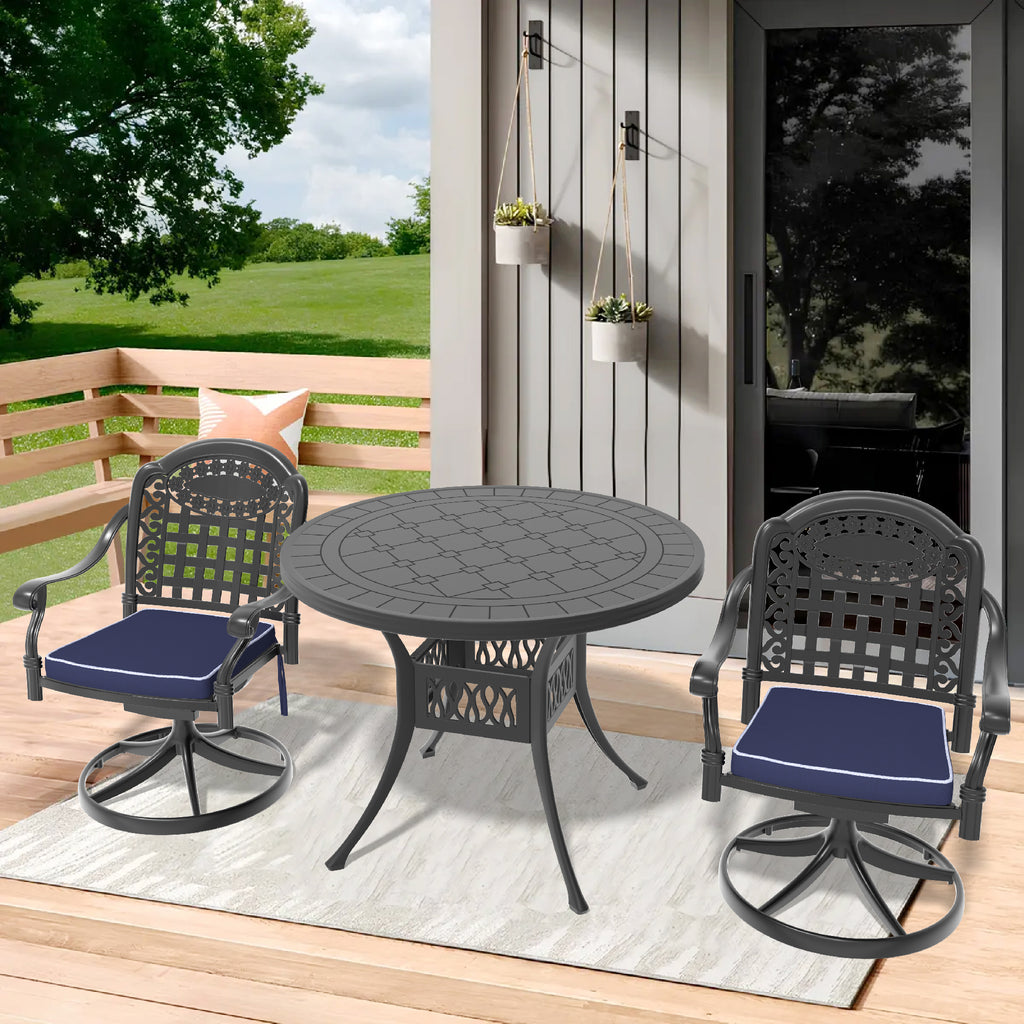 3-Piece All-Weather Cast Aluminum Dining Set, Include 2 Swivel Chairs and 39.37' Round Table With Black Frame