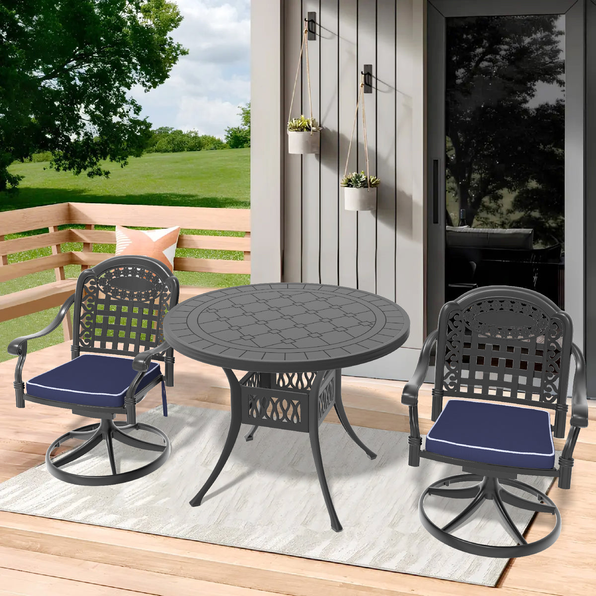 3-Piece All-Weather Cast Aluminum Dining Set, Include 2 Swivel Chairs and 39.37' Round Table With Black Frame